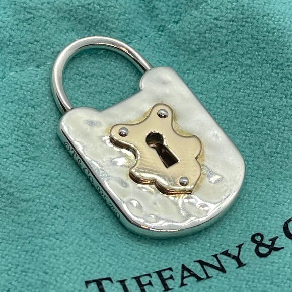 Tiffany & Co Silver & 18K Rose Gold Mini Hammered Oval Lock Key Charm Pendant - Picture 1 of 12